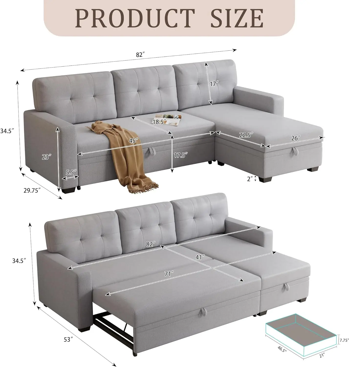 Couch L-Shape Convertible Sectional Sofa Twin Size Sleeper with Storage Chaise and Pull Out Bed for Home Living Room Apartment