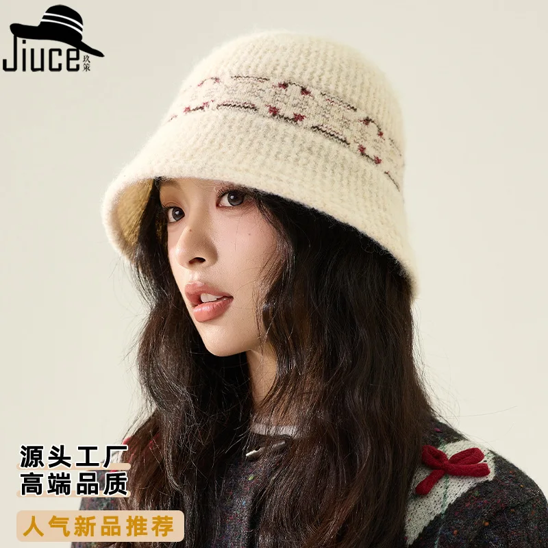 

Retro Colored Jacquard Knit Bucket Hat Outdoor Girls Small Face Enhancing Knit Hat Fisherman Hat Czapka Zimowa Damska 4m701