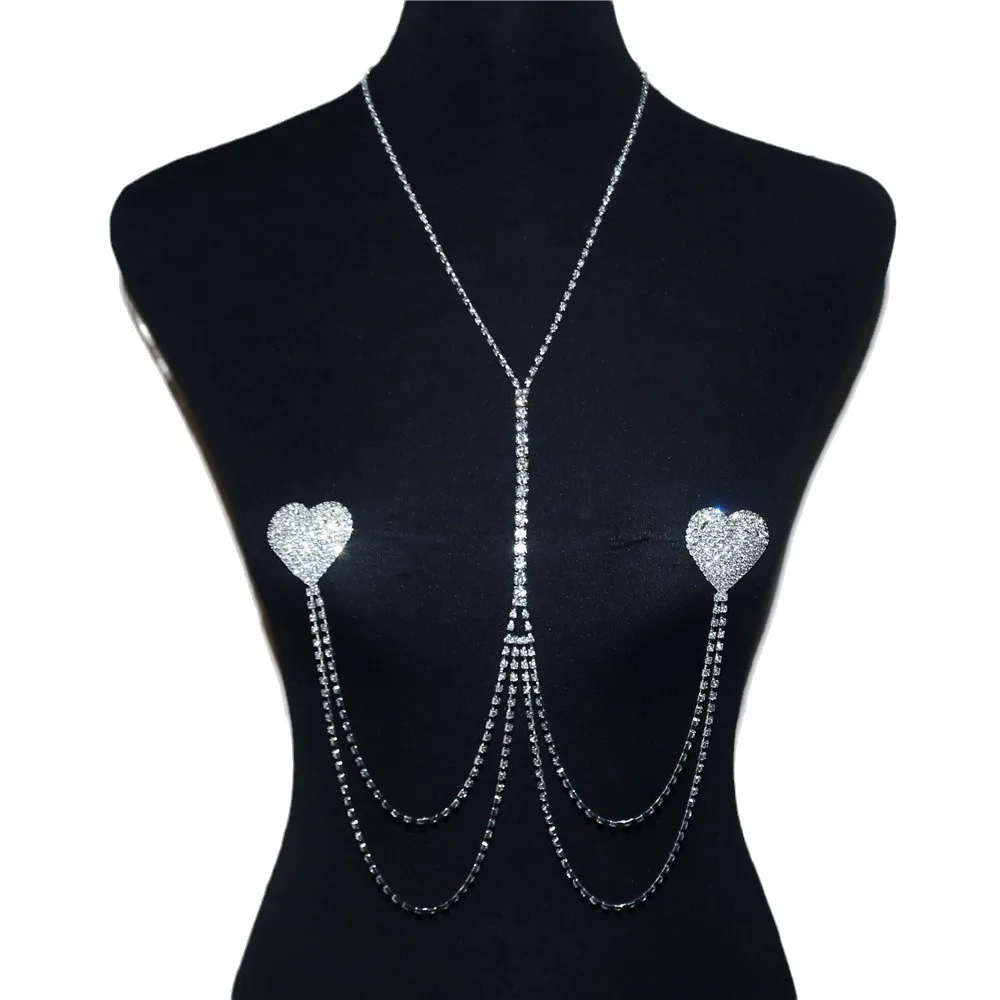 New Heart Chest Patch Nightclub Prom Belly Chain For Women Sexy Rhinestone Body Chain Jewelry