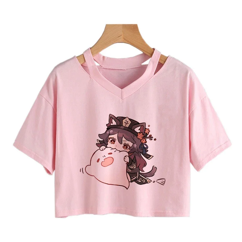 Crop Top Genshin Impact T Shirt Women Graphic Tees Kawaii Summer Tops Harajuku Cartoon Hu Tao T-shirt Funny Keqing Female Tshirt