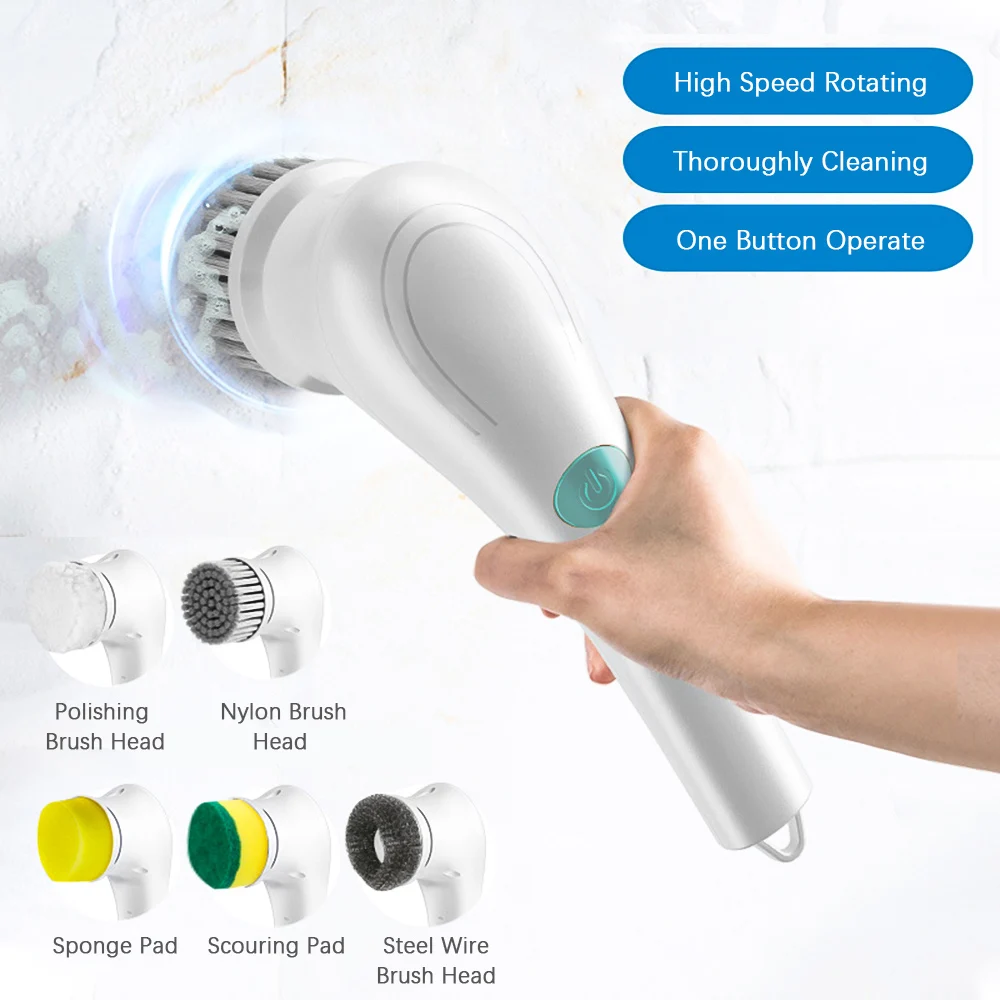 Electric Cleaning Brush Spin Scrubber Cleaning Brush with 5 heads Cordless for Kitchen Bathroom Window Tile Floor Bathtub Car