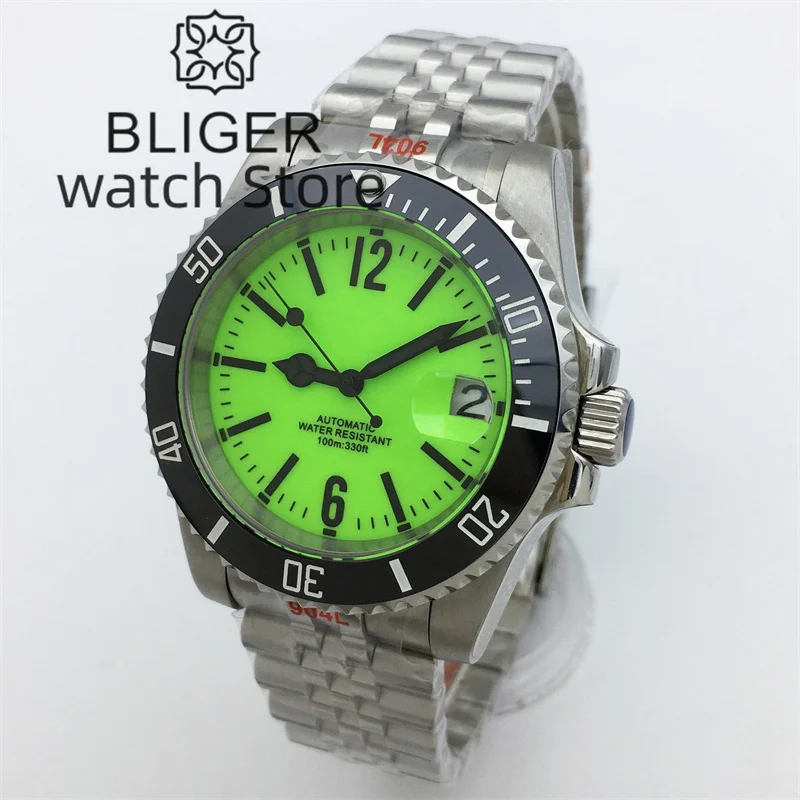 BLIGER 40mm fluorescent green all-luminous dial sapphire glass Japan NH35 Automatic Men\'s Watch Date 10ATM Diver rotating bezel