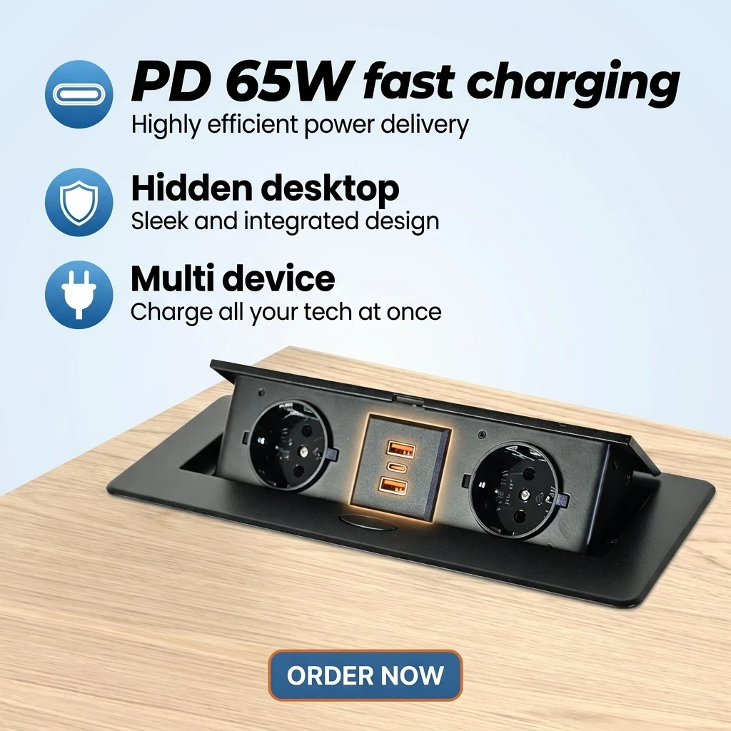 BNT Modern Office Hidden EU Standard Power Socket USB PD 65W Fast Charging Black Pop up Conference Table Desktop Socket