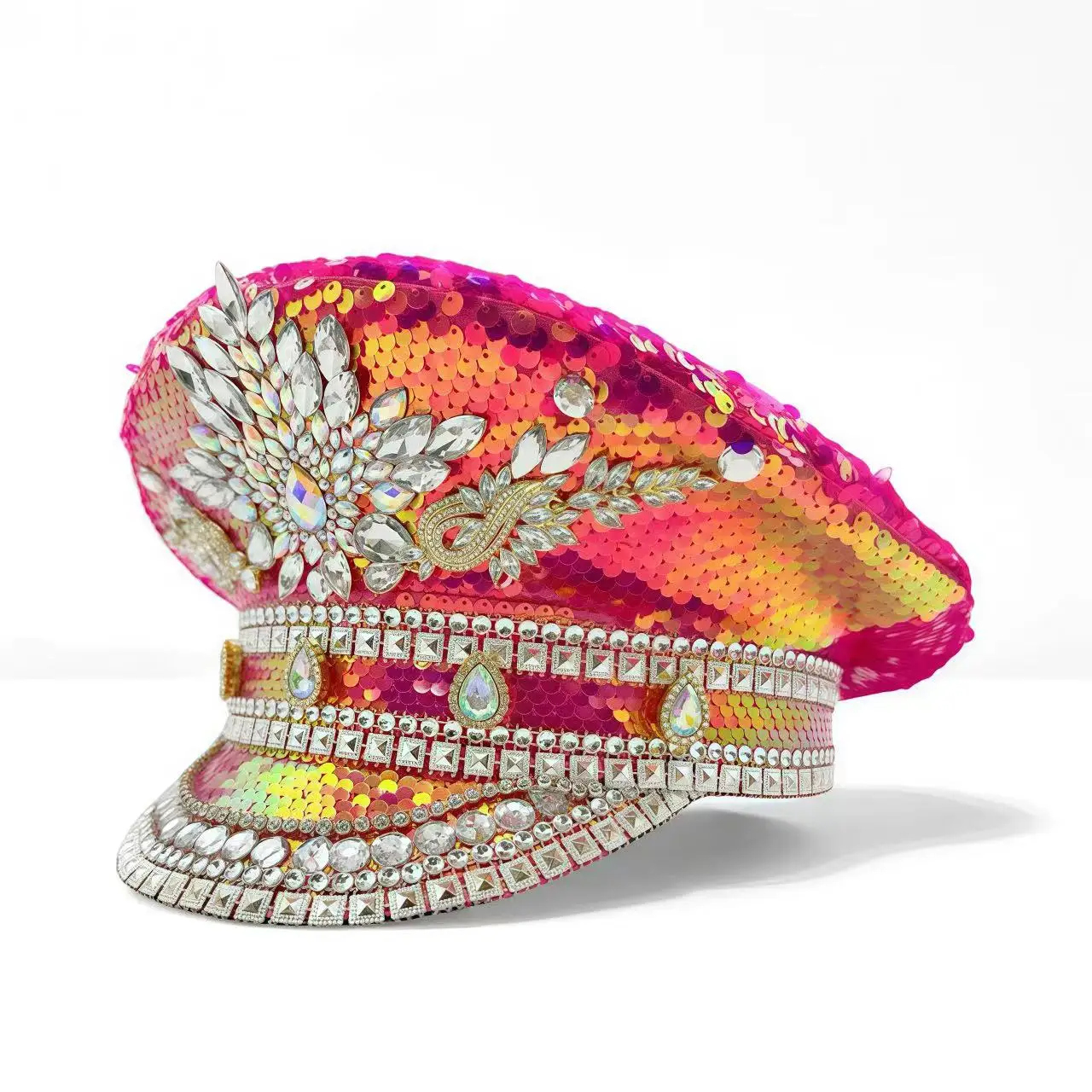 ホンルアン イエローレーザーレザーループキャプテンハット ラインストーン＆ミリタリーキャップ 女性用、レイブフェスティバルアクセサリー＆パーティーキャップ男性用