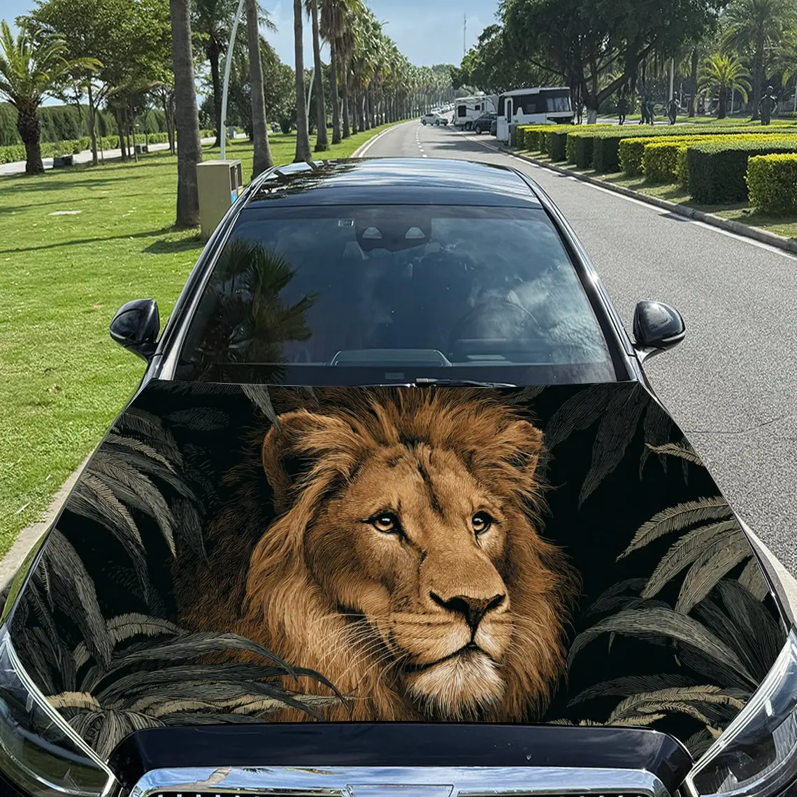 Car Decal Lion in Artistic Background with Textural Striped Foliage Elements & Regal-Dynamic Visual Details Car Hood Sticker, Wa