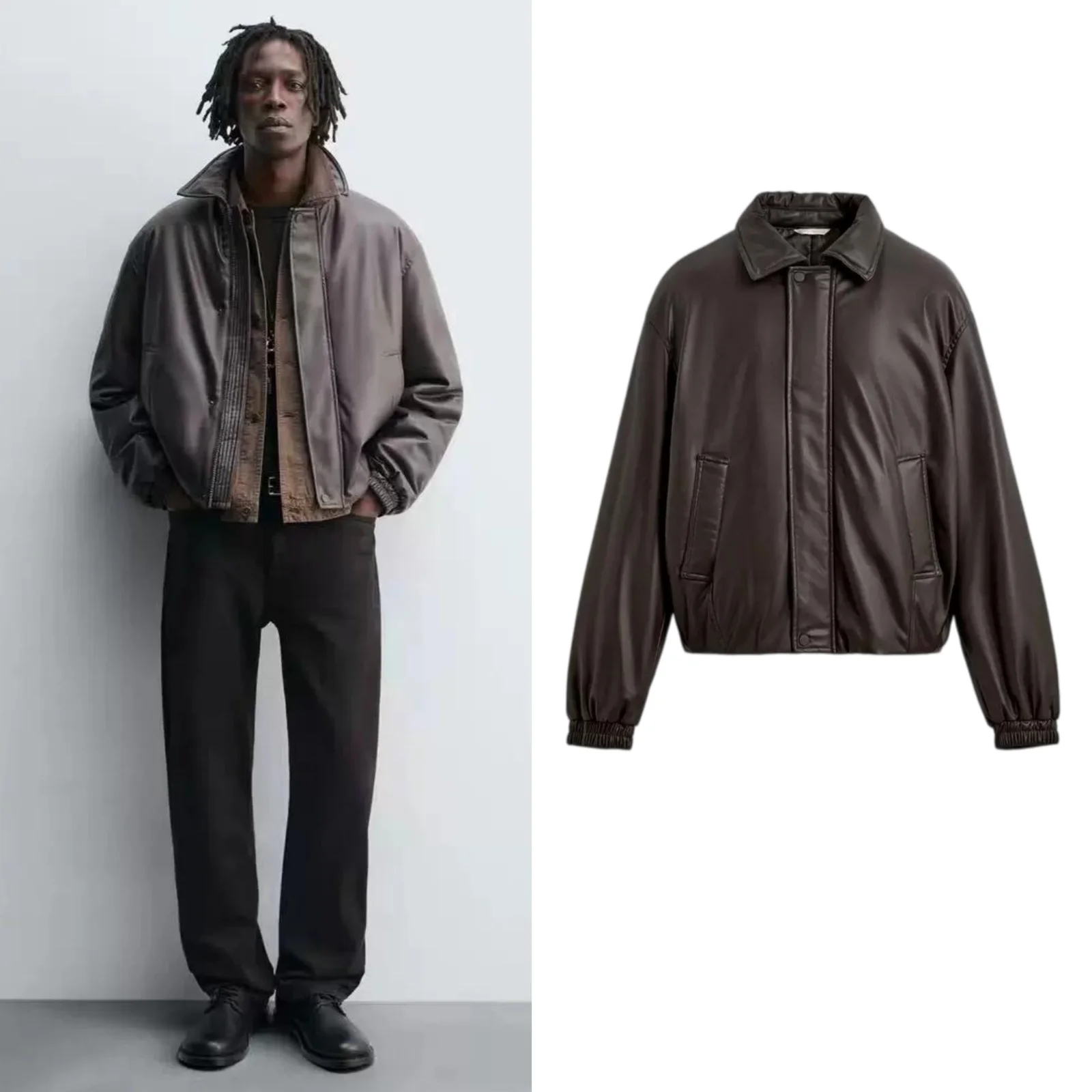 Autumn Winter New Men's Long Sleeve Stand Collar Loose Fit PU Leather Jacket Zipper Decorated Coat Warm Short Style Polyester...