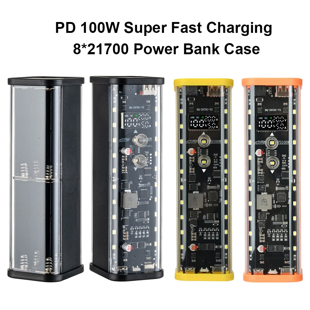 PD 100W Super Fast Charging 8-Cell 21700 Battery Holder Transparent Power Bank Case Kit Touch-Controlled DC Voltage Regulation