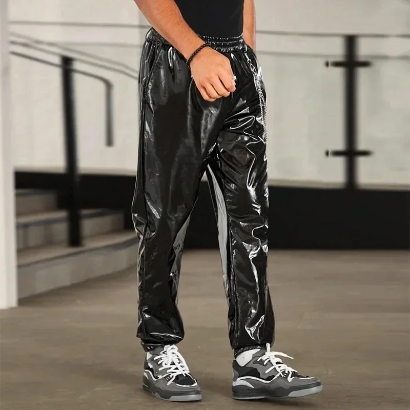 Men\'s Shiny Faux Latex Leather Lantern Pants Casual Loose with Chain Hip Hop Moto Trousers Pocket Clubwear Elastic New Hot 2024