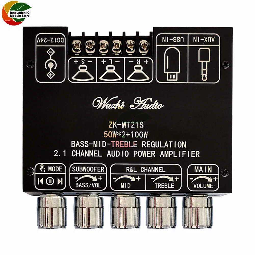 ZK-MT21S TPA3116 2.1 Channel Bluetooth 5.0 Subwoofer Amplifier Board 50WX2+100W Power Audio Stereo Amplifier Board Bass AMP AUX