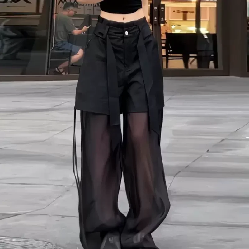 بنطال Y2K نسائي واسع الساق من القماش الشفاف باللون الأسود لعام 2025 - شورت مزيف مكون من قطعتين مع أشرطة، ملابس خروج منفعلة لربيع وصيف #3