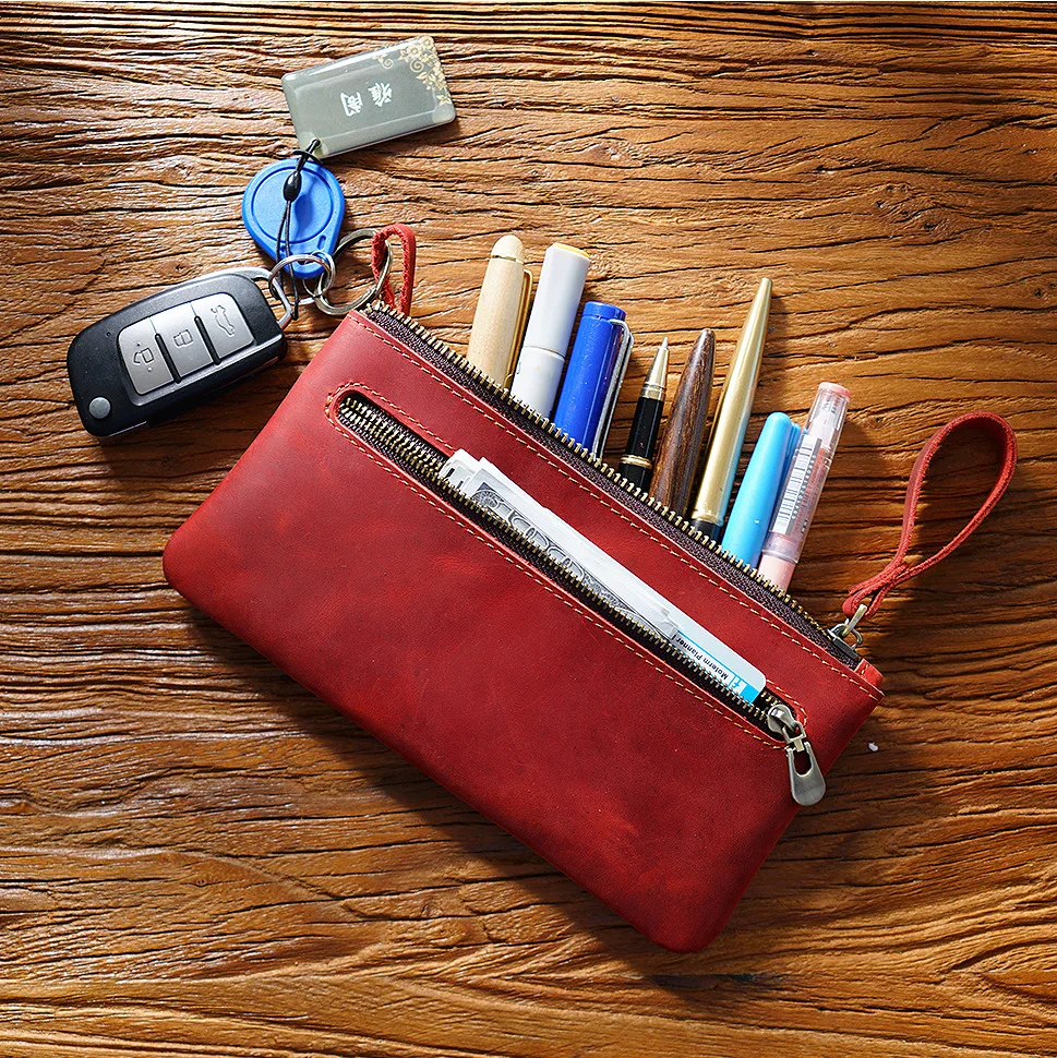 Large capacity  Pen Bag Genuine Leather Stationery Vintage Style Pencail Box Handmade School Office Pen Case Zipper