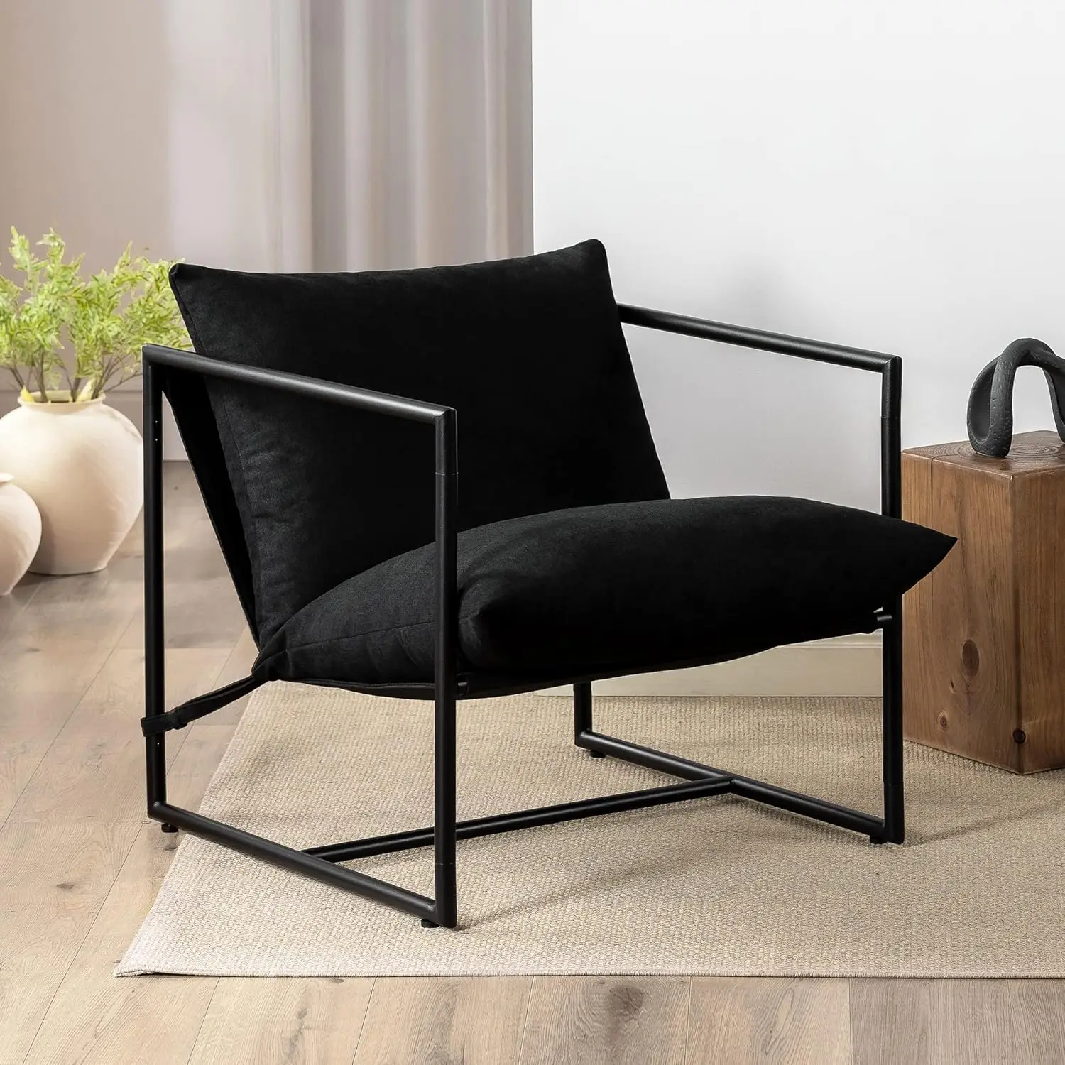 Sling Accent Chair, Metal Framed Armchair with Shredded Foam Cushioning, Black