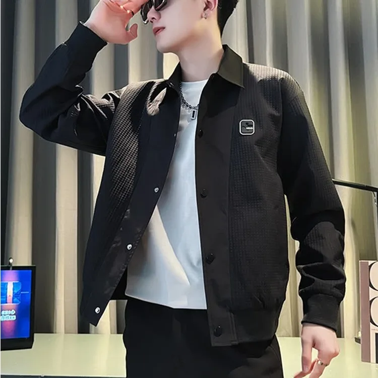 

Мужская куртка с воротником на пуговицах, в стиле пэчворк, для весны и осени, новая, повседневная, универсальная, модная, приталенного кроя