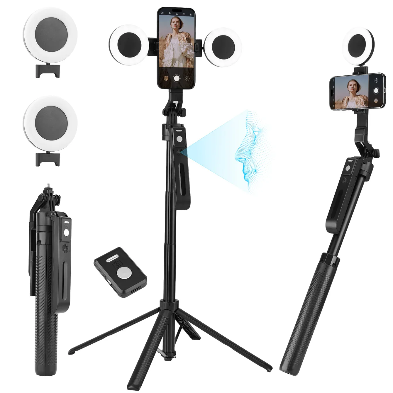2025 New AI Selfie Stick Tripod, 360° Face Tracking. Multi-func Phone Mount W/ Remote & Fill Light, Adjustable Height, Sturdy Ba