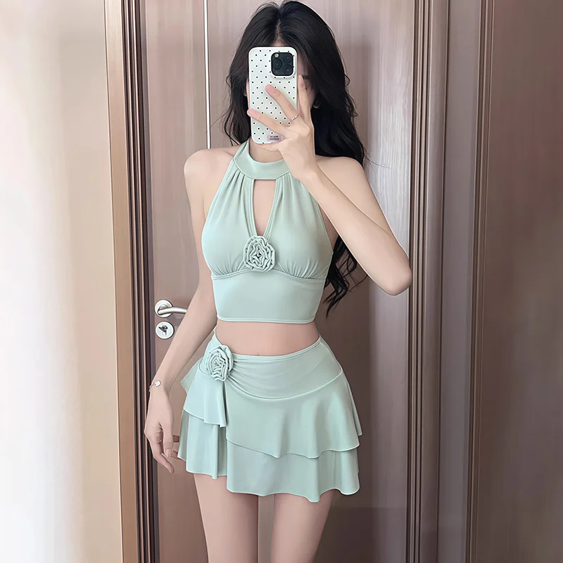 2025 Costume da bagno estivo Tankini per donna Sexy scollo all'americana Backless Fiore Gonna a pieghe Costumi da bagno Vacanza al mare Costume Ragazza Regali