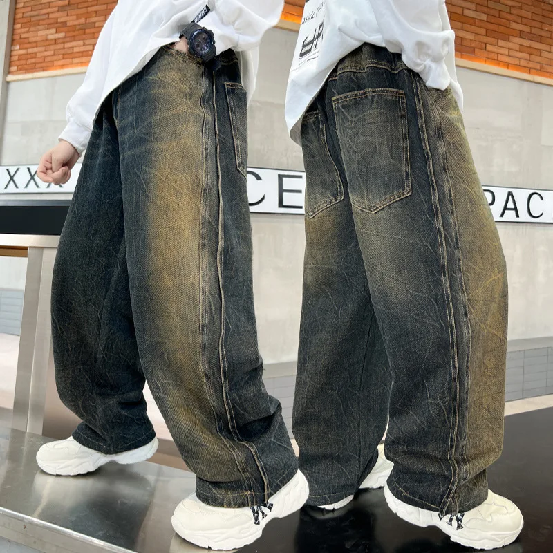 

Джинсы для мальчиков, весенне-осенние детские джинсовые брюки в американском стиле ретро Scimitar, детские свободные прямые брюки Fried Street, брюки