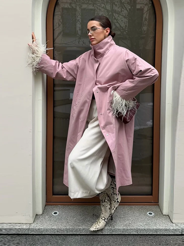 Loose Feather Cuff Women's Overcoat Pink Standup Collar Long Sleeve Single-breasted Female Coats 2026 Autumn Lady Outwear