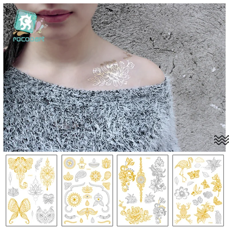 Rocooart Beauty Metallic Gold Silver Flash Tattoo New Henna Temporary Tattoos With Butterfly Mandala Flower Design