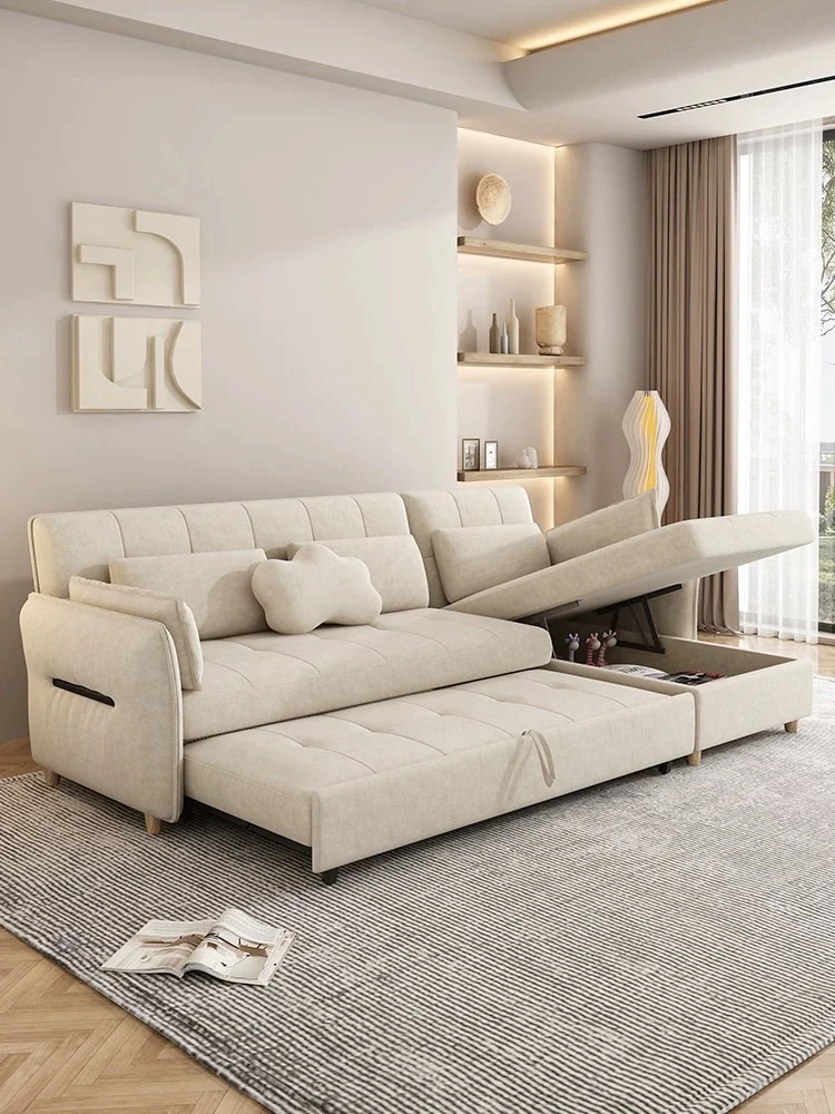 Folding sofa bed integrated dual-purpose multi-functional solid wood living room pull-out retractable bed