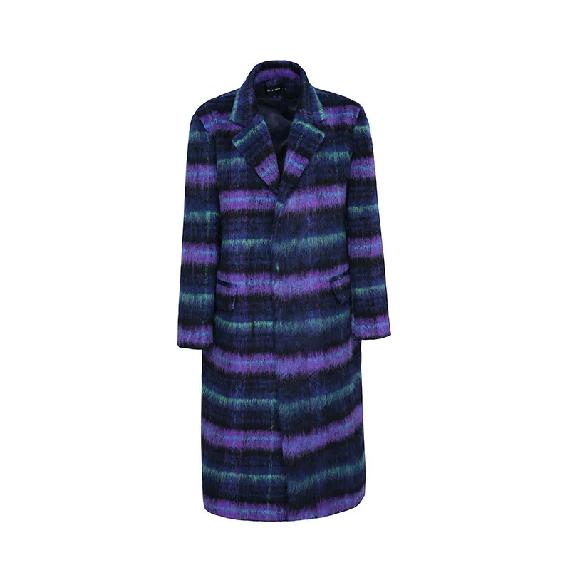

2024 New Autumn Winter Long Purple Plaid Wool Overcoat Women Thicken Warm Woolen Coat Korean Casual Long Sleeve Female Outerwear
