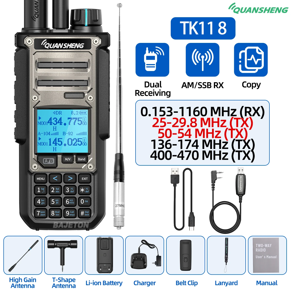 Quansheng TK11 8 Walkie Talkie Ham Radio 10W Dual Ontvangst PTT 27MHz CB CW LSB LW MW SW Type-C Oplader NOAA voor UV-K5 8 TK-11 5