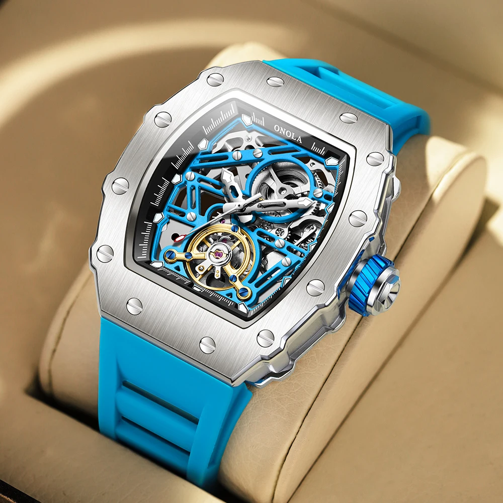 ONOLA-Montre Mécanique Tonneau pour Homme, Mouvement existent, Tourbillon Étanche, Bracelet en Silicone, Nouveau