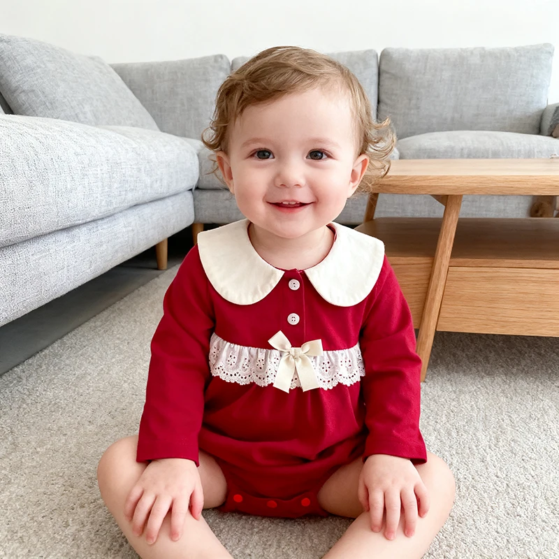 

Рождественский комбинезон для новорожденных, осенний комбинезон для маленьких девочек 0-3 лет, комбинезон с красным бантом и круглым воротником, детская цельная модная одежда для малышей