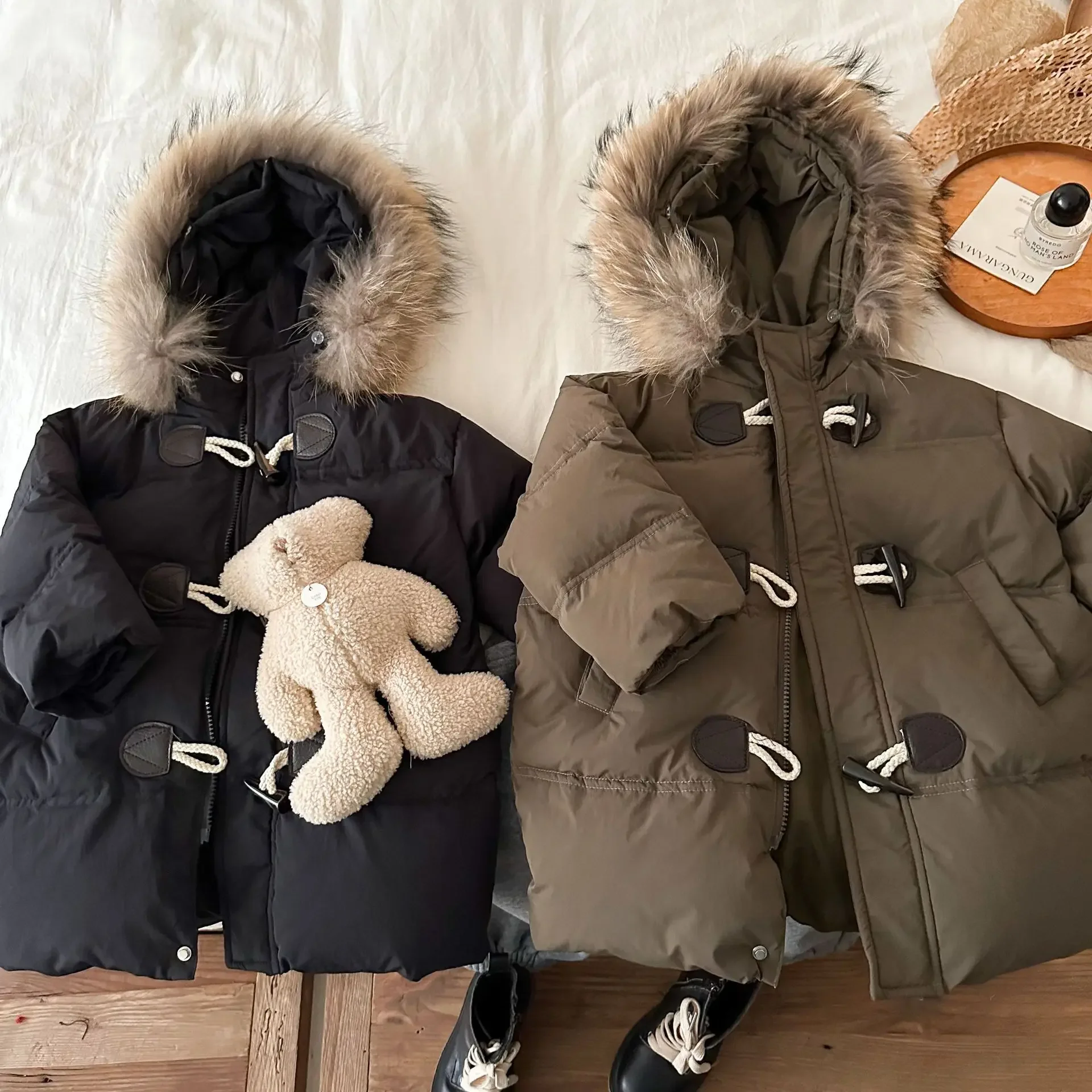 

Down Children Clothing Jacket Winter Season New Boys Girls Middle Length Hooded Fur Collar Coat Button Soild Pocket