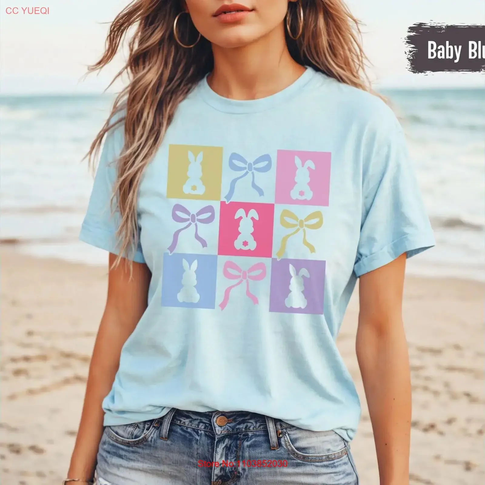 T-shirt Coquette avec nœud et oreilles de lapin, motif lapin mignon, pour Pâques, style vintage délavé, graphique souple et extensible, polyvalent
