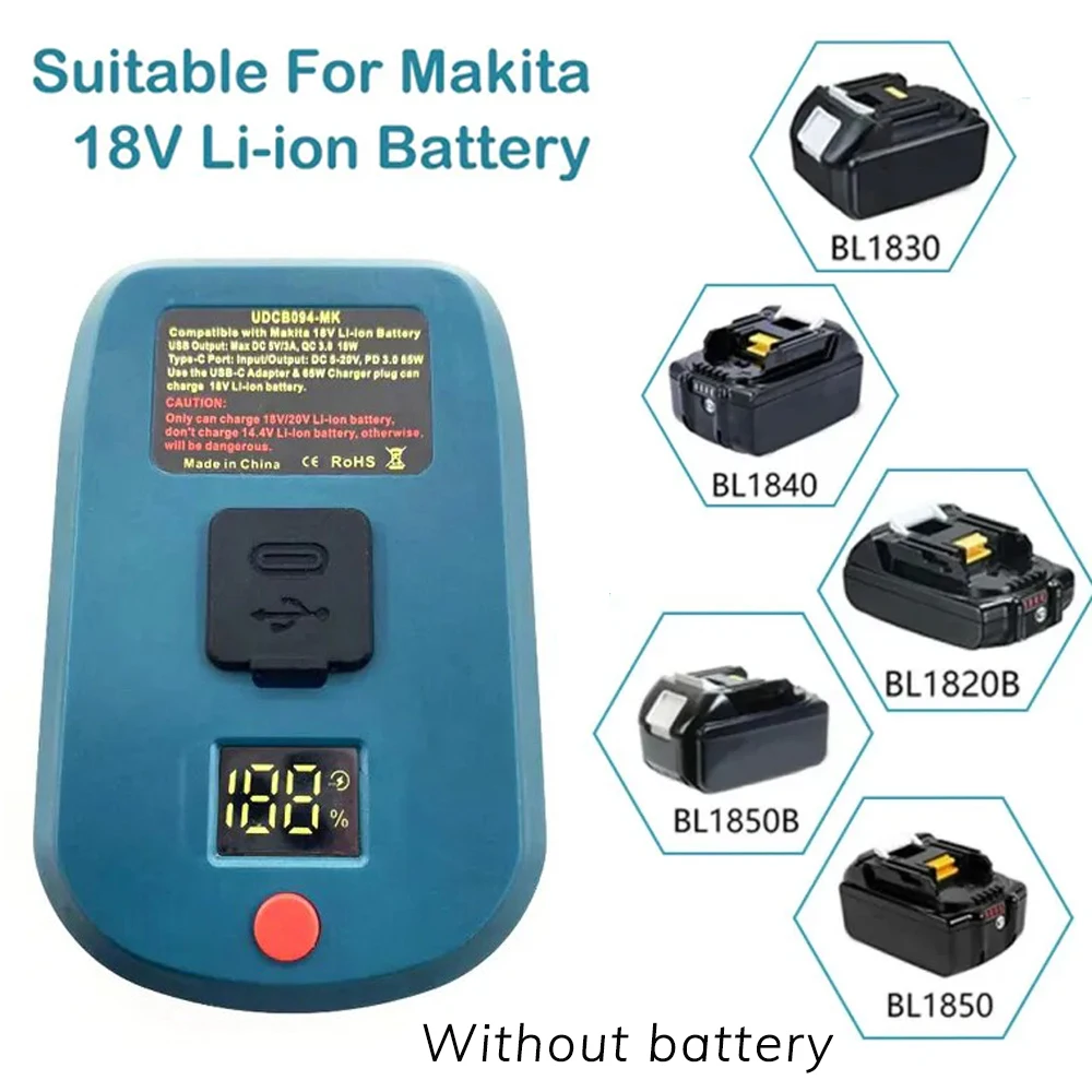 Upgrade 65W Adapter Charger for Makita 18V Li-Ion Battery with Type-C Port and USB Port Reverse USB Charge Adapter Converter