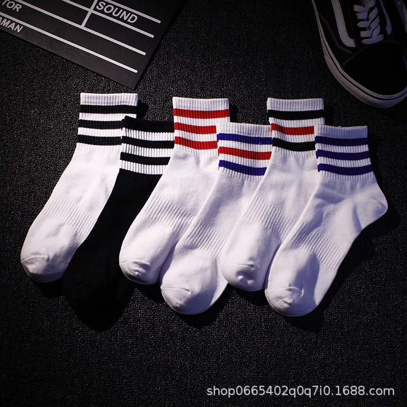 Men\'s mid-barrel striped cotton breathable sports basketball socks women\'s white skateboard Harajuku socks