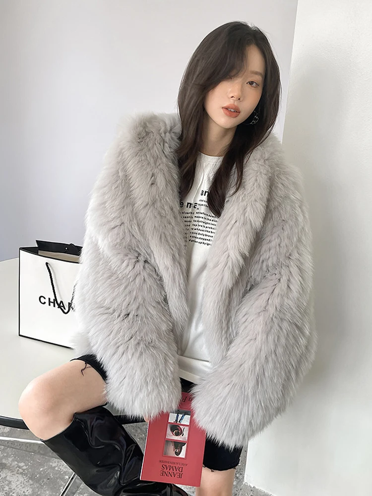 

Women Hooded Solid Plush Faux Fur Jacket Winter Korean Advanced Sense Fashion Single Row Two Button Mid Length Thickening Coat