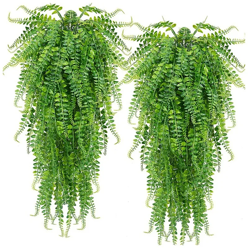 2 Pcs Artificial Hanging Ferns Plants Vine Fake Ivy Boston Fern Hanging Plant Outdoor UV Resistant Plastic Plants