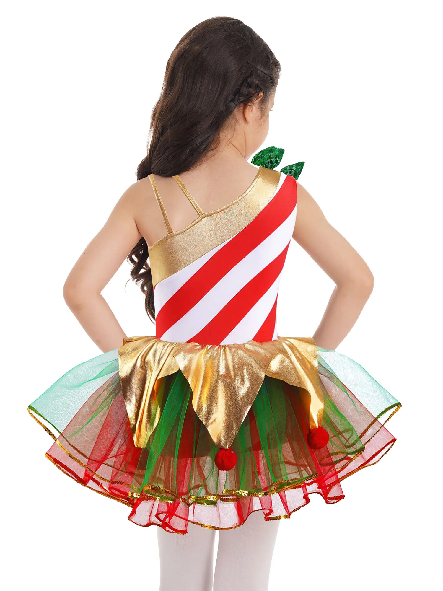 #4-16 Kids Girls Elf Christmas Dress Stripes Sequin Festival Santa Costume Ballet Leotard Tutu Dress Carnival Party Bodysuit