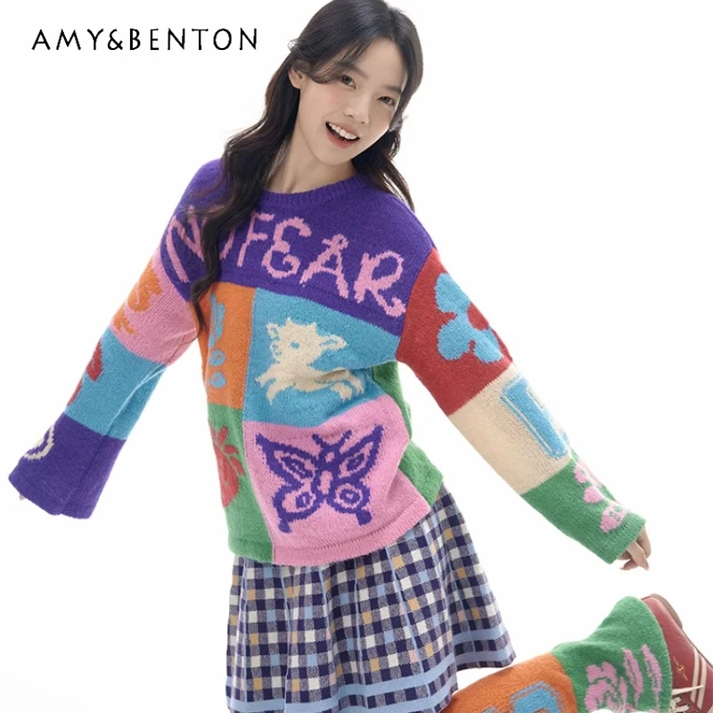 

Ретро-дизайн с цветными блоками, свободный шерстяной вязаный женский свитер, осень-зима, новый милый, милый, универсальный, красочный, свободный, женский пуловер