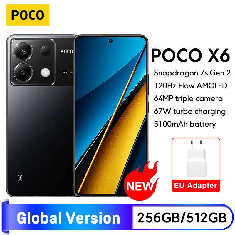 New POCO X6 5G Global Version Cellphone Snapdragon 7s Gen 2 NFC 6.67‘’ 1.5K 120Hz AMOLED Display 64MP Triple Camera 5100mAh 67W