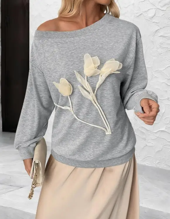 Women's Sweatshirts 2026 Spring New Casual Versatile Three-Dimensional Flower Decor Sloping Shoulder Gray Long Sleeved Top