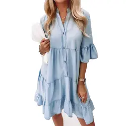 Robe en denim en coton pour femmes, manches mi-longues, motif trapèze, au-dessus du genou, col montant, chemise à volants, nouvelle collection 2023