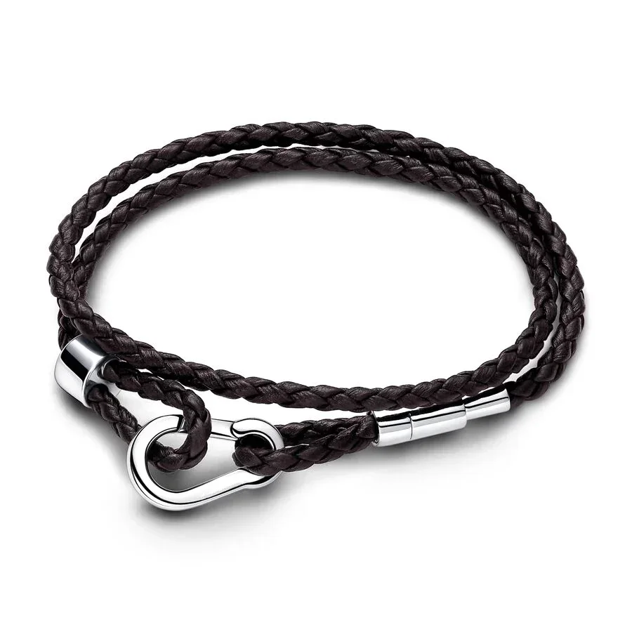 2024 New High Quality 925 Sterling Silver Moments Brown Braided Double Leather Bracelet Fit Gifts