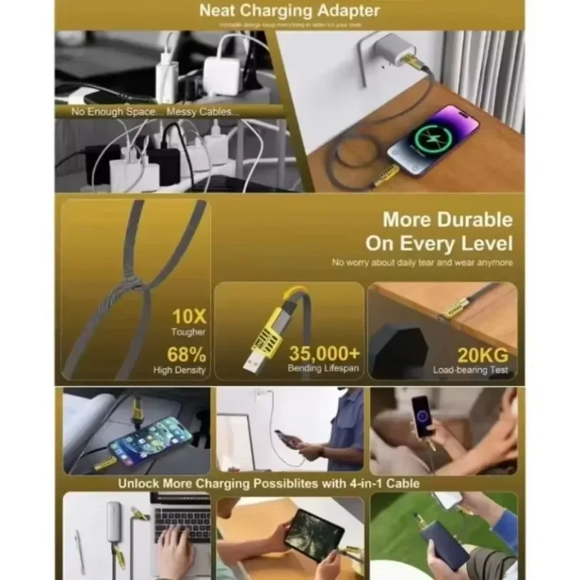 4-in-1 Charging Cable 65W Fast Charge Braided Zinc Alloy Gold Plated Type C USB Cord 1 Meter for Phone Car Travel Durable