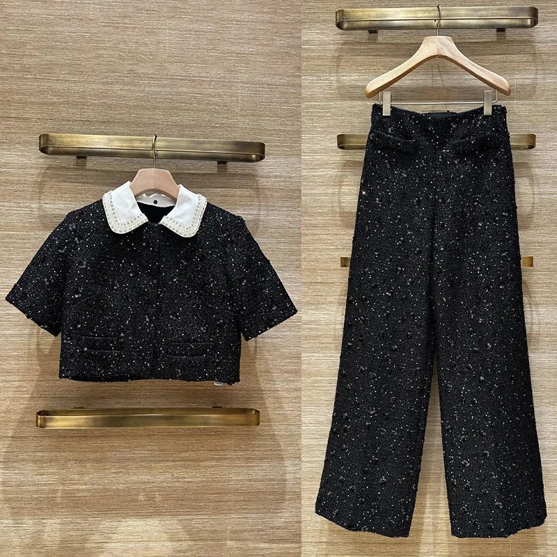 

Женский твидовый топ с пайетками и бисером, с воротником, на одной пуговице, с коротким рукавом + брюки с высокой талией и широкими штанинами