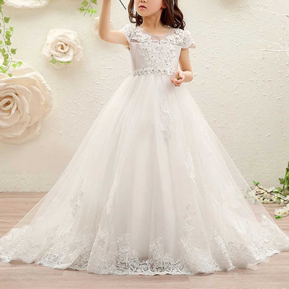 

Elegant Tulle Applique Puffy Lace BeadED Short Sleeve Backless Flower Girl Dress For Wedding First Communion Birthday Ball Dress