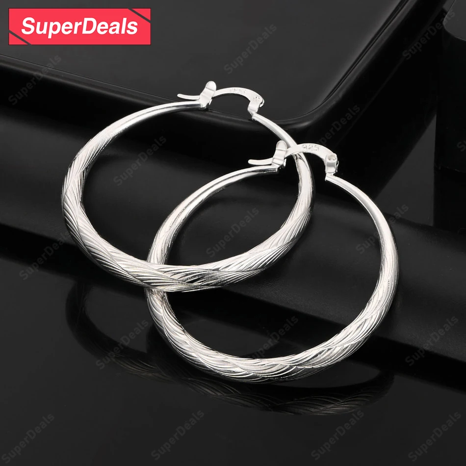 

SuperDeals 40mm 925 Sterling Silver Round Hoop Earrings For Women Engagement Wedding Birthday Party Fashion Fine Jewelry Gift