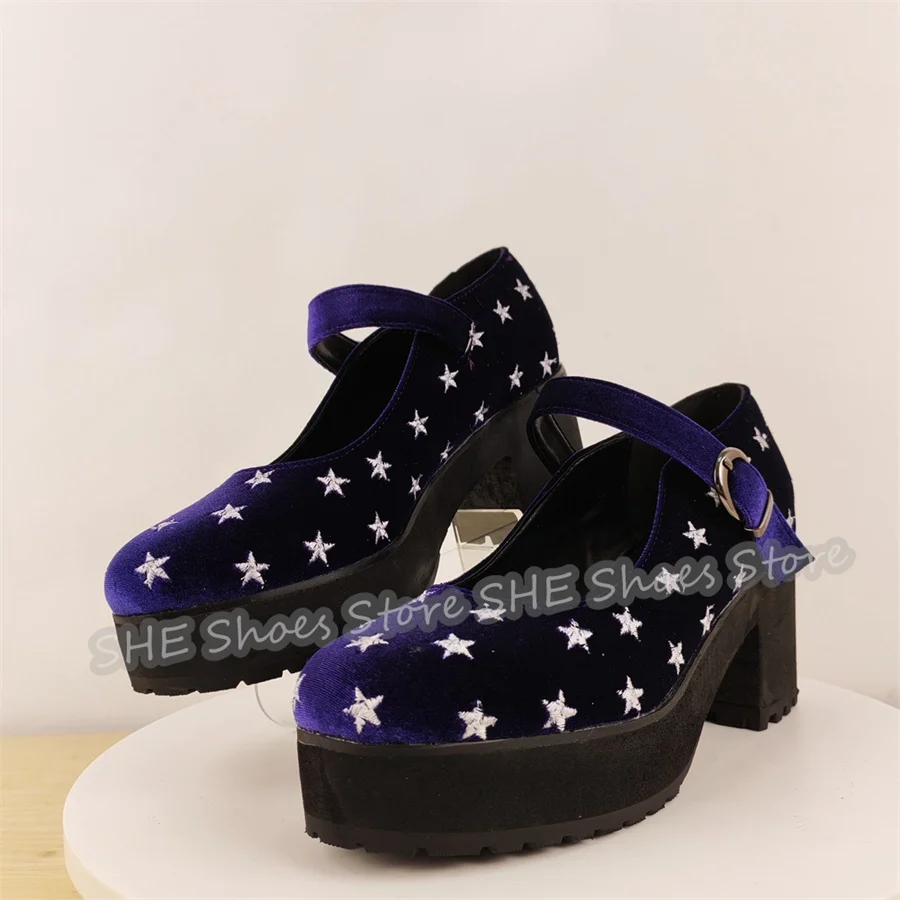 

Purple Velvet Star Embroidered Platform Mary Jane Shoes Women Adjustable Buckle Strap High Heel Pumps Lolita Girl Cosplay Shoes