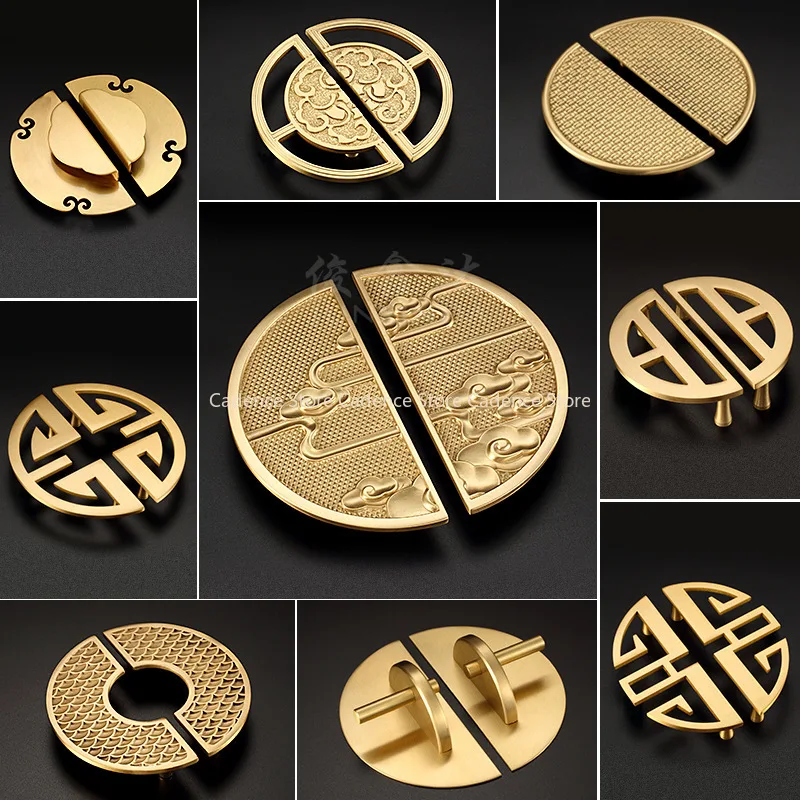 

Круглые твердые латунные золотые ручки в китайском стиле, дверные ручки ящика шкафа, художественная мебельная фурнитура в стиле ретро