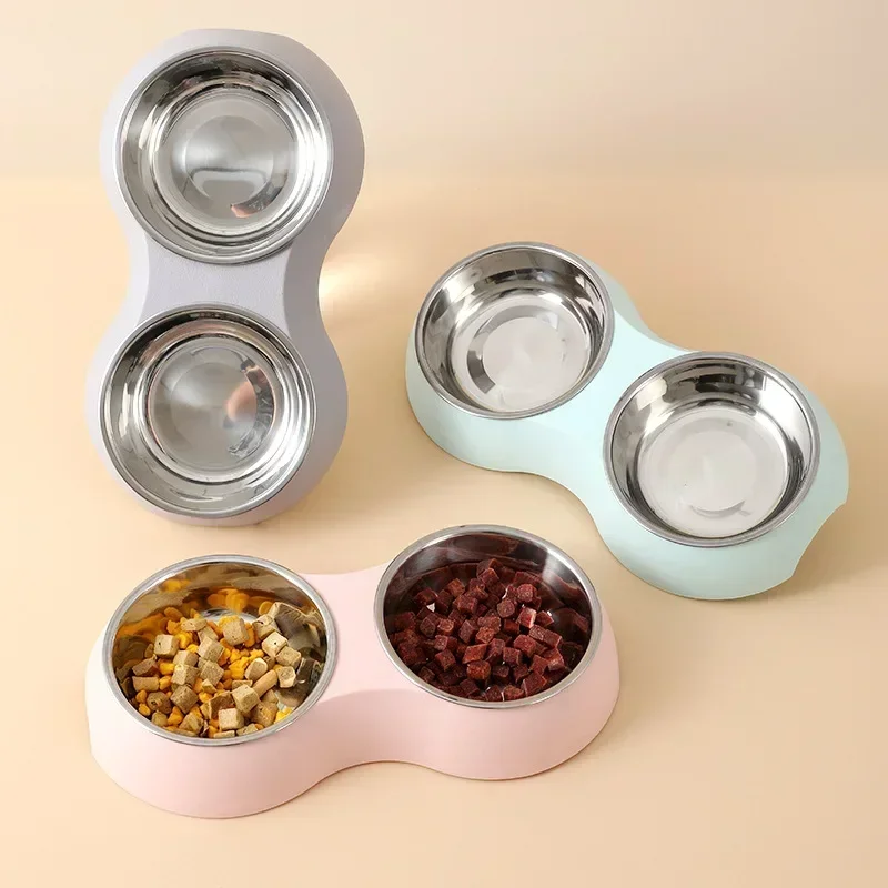 Cuenco doble de acero inoxidable para comida de mascotas, suministros de alimentación para cachorros, accesorios de agua para gatitos