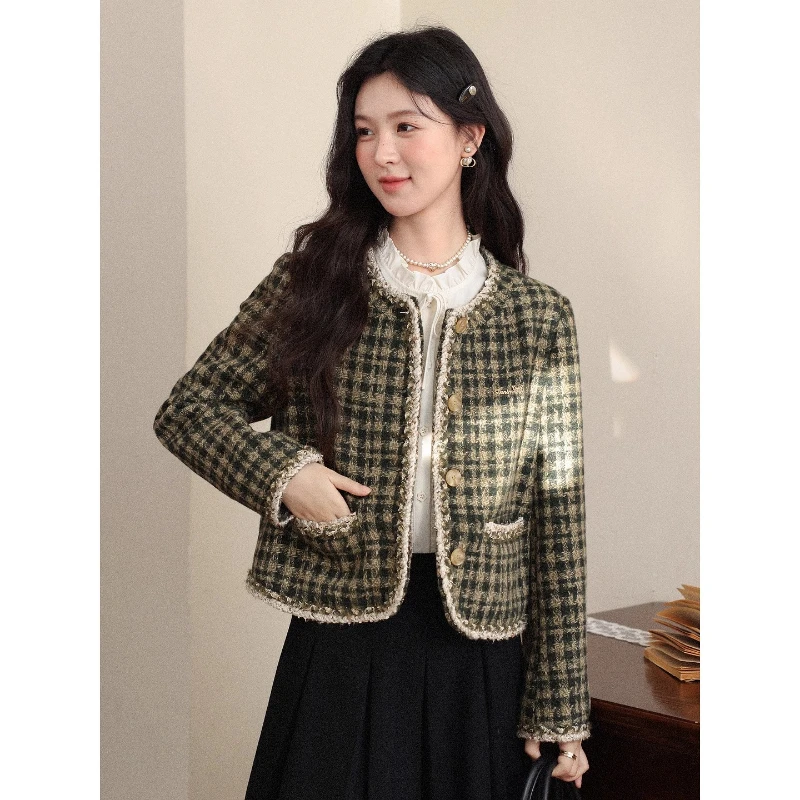 

ALXNAN Short Jackets Plaid Retro Button Front Round Neck Woman's Outerwears Autumn Elegant Fashionable Commuting Coats L59015