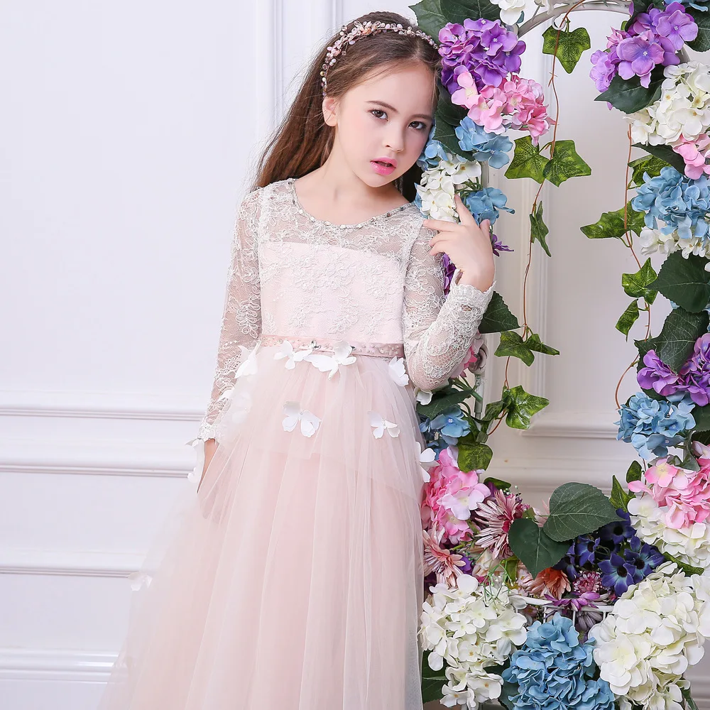 แขนยาวดอกไม้ชุดเดรสเด็กผู้หญิงสำหรับงานแต่งงาน A-Line Scoop Tulle ลูกไม้ยาว First Communion Dresses สำหรับสาวเด็กเล็กเด็ก