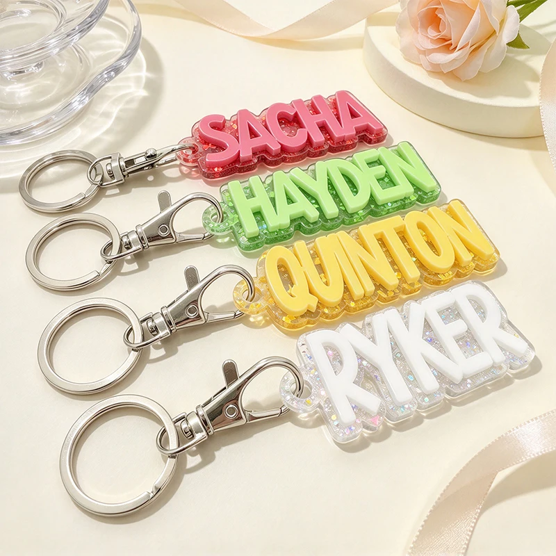 Custom Personalized Glitter Sequin Acrylic Keychain 3D Raised Double Layers Raised Letter Keyring Bag Charm Tag Birthday Gift