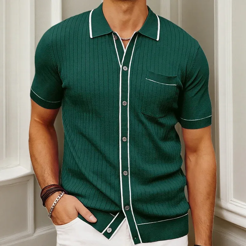 

2025 Men's Light Luxury Button-up Leisure Knitted Polo Shirts Summer Popular Retro Solid Short Sleeve Knit Jacquard Shirts Male